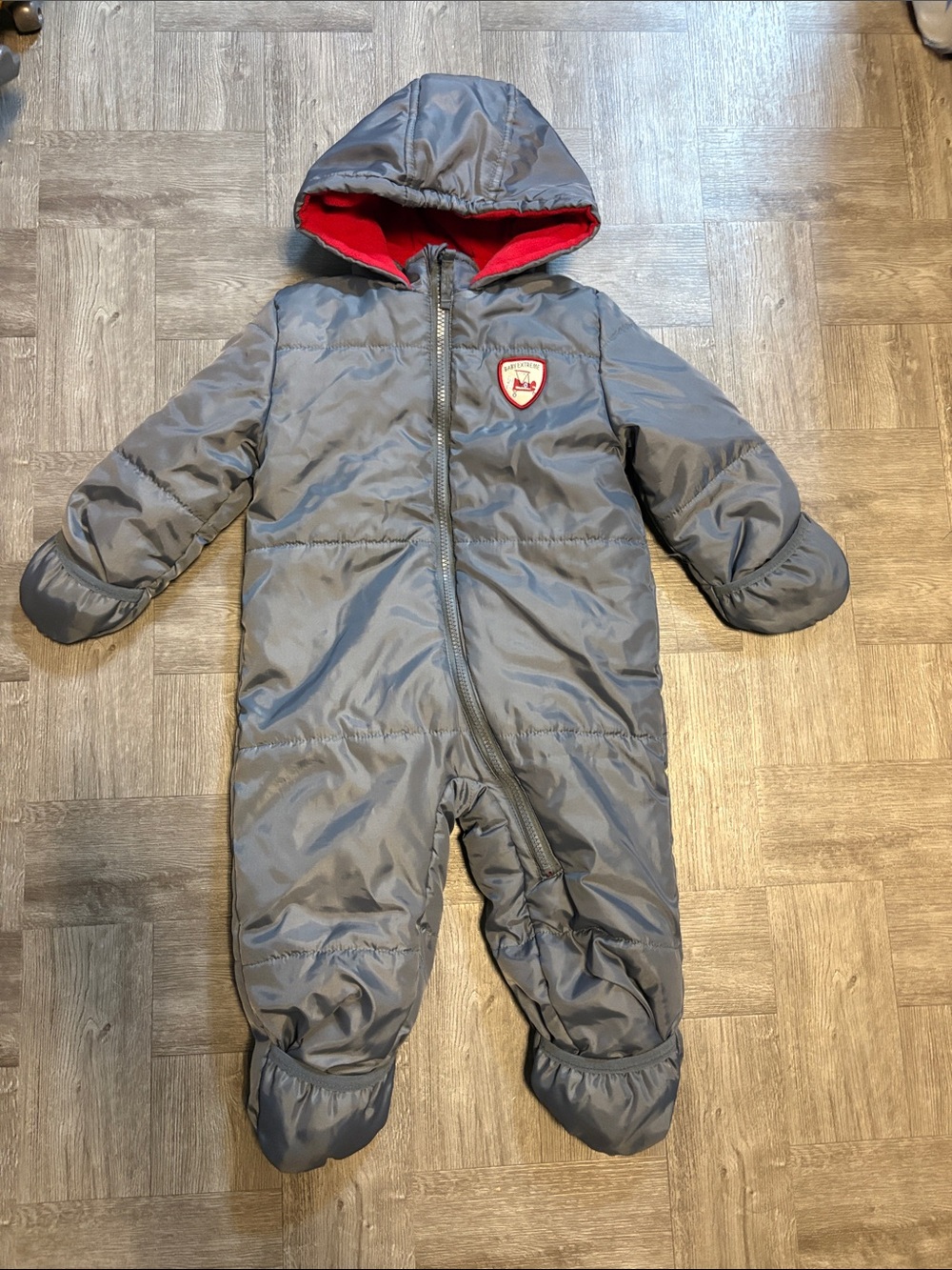 Gray & Red Hooded Puffer One-Piece Snowsuit for Kids
